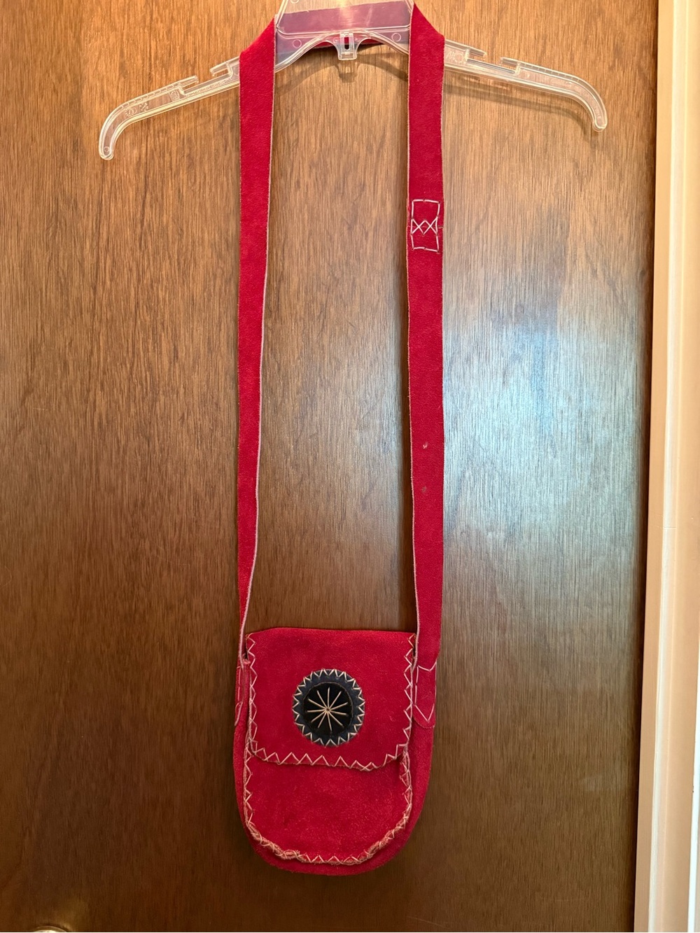 Red Suede Crossbody Bag with Decorative Stitching - Picture 2 of 4